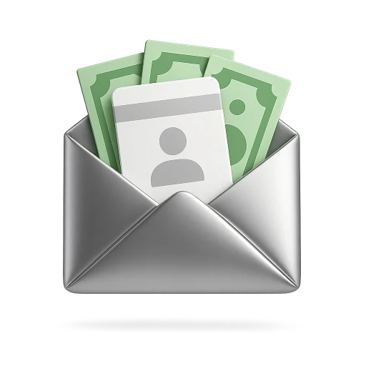 PayMe illustration of an open envelope holding cash and an ID card